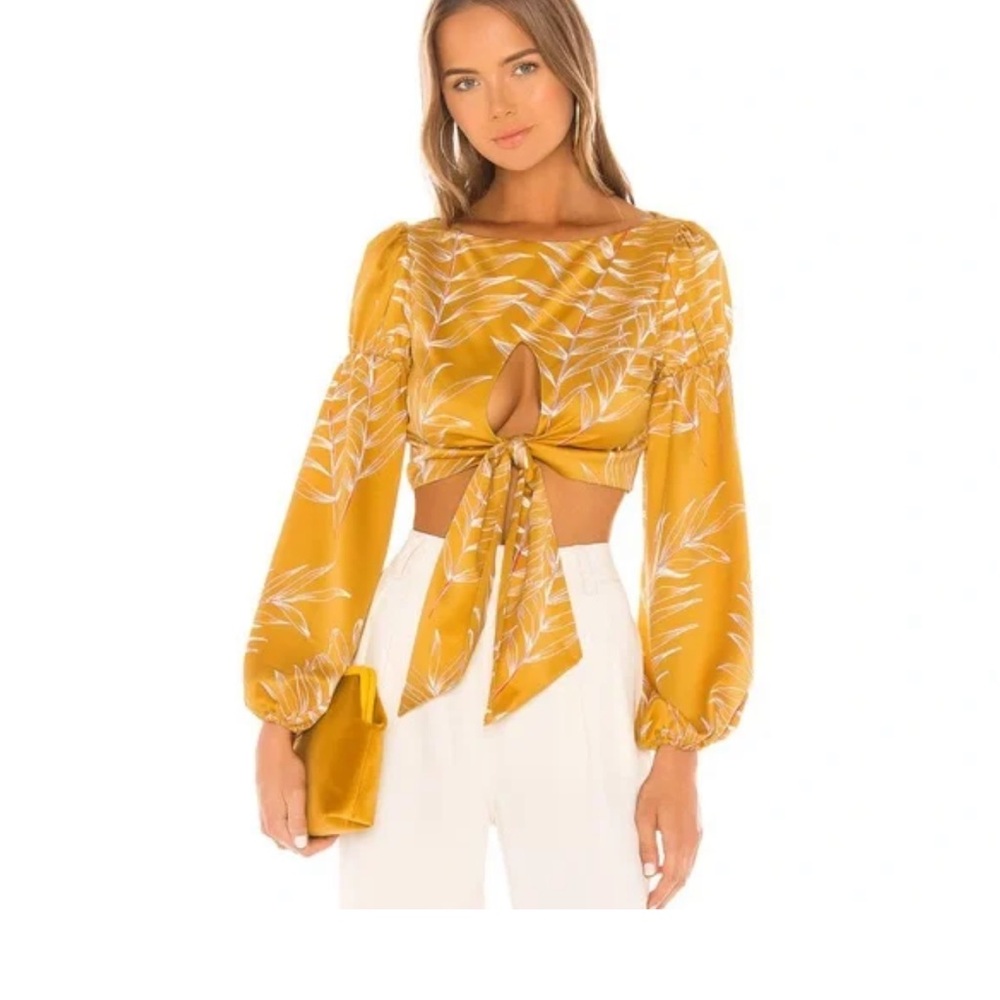 NWT Camila Coelho Marcia Gold Tropical Cropped Long Sleeve Top – S